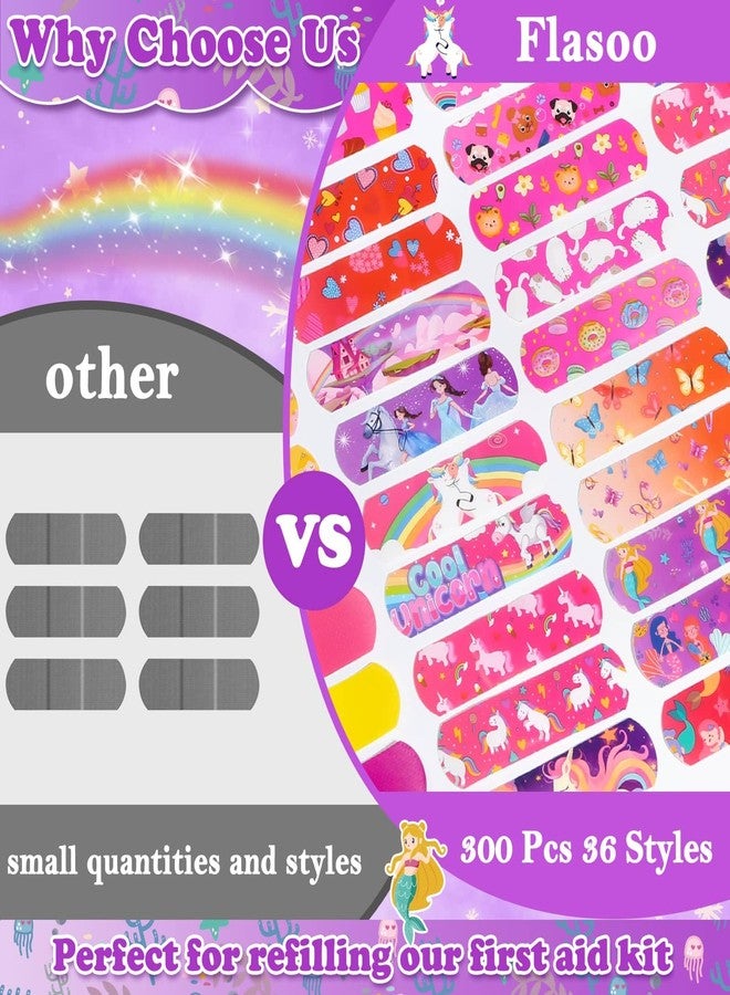 Flasoo 36 Styles Kids Cartoon Bandages 300 Pcs Girls Bandage Mermaid Bandages Variety Pack Fun Bandages Waterproof Breathable Protect Scrapes and Cuts for Girls Boys Children Toddlers - Image 2